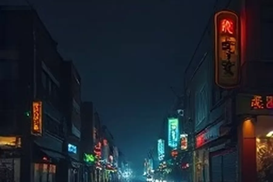 妖精视频主推画面：夜色中亮起的城市影院外墙与流动光影